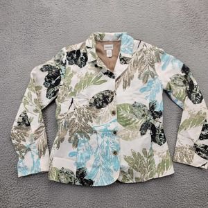 Chicos Jacket Womens 0 White Blazer Long Sleeve 3 button Tress Leaves Silk